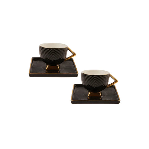 Karaca Art Deco 4 Piece Porcelain Turkish Coffee Cup Set for 2 People, 90ml, Black Gold