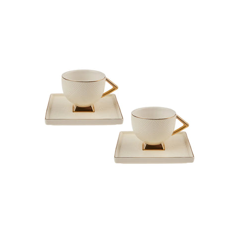 Karaca Art Deco​ 4 Piece Porcelain Espresso Turkish Coffee Cup Set for 2 People, 90ml, Gold White