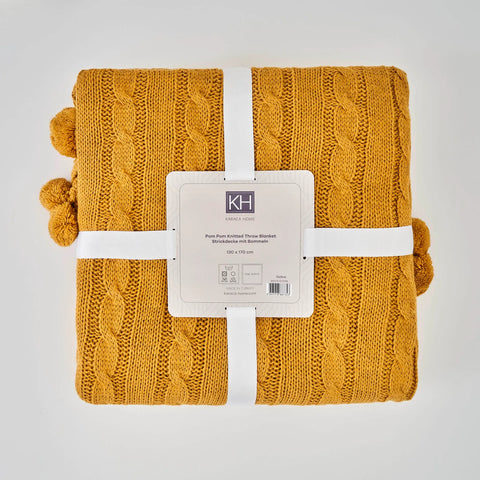 Karaca Home Pompom Cable Knit Throw, 130cmx170cm, Dark Yellow