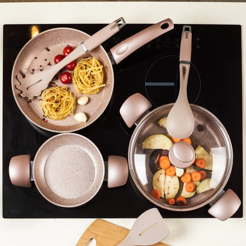 Karaca Biogranite 13-Piece Non-Stick Induction Cookware Set with Kitchen Utensil Set, Rose Gold