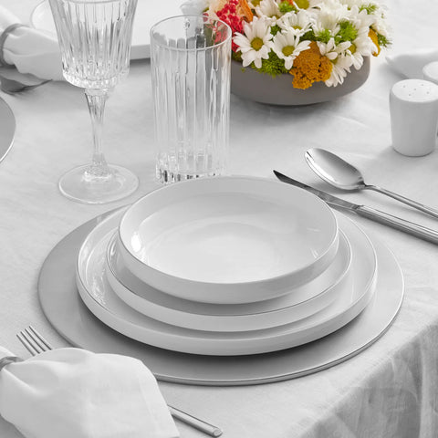 Karaca Streamline Saturn 59-Piece Bone China Dinner Set for 12 People, White Platinum