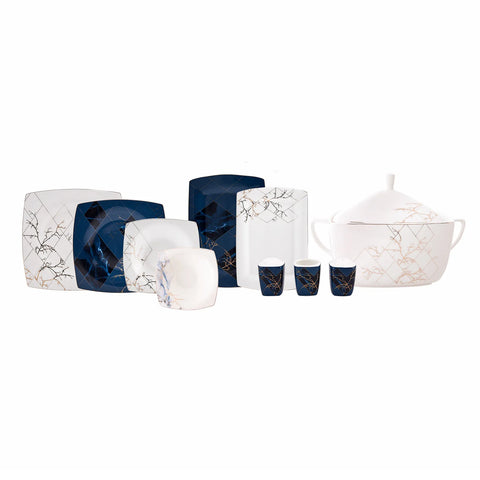 Karaca Fine Pearl Midnight 62-Piece Dinner Set for 12 People, Blue Gold White