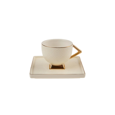 Karaca Art Deco​ 4 Piece Porcelain Espresso Turkish Coffee Cup Set for 2 People, 90ml, Gold White