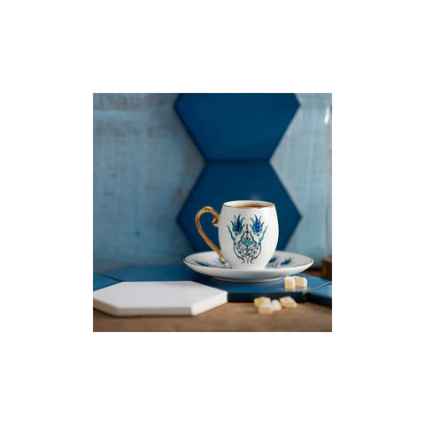 Karaca İznik 4-Piece Porcelain Espresso Turkish Coffee Cup Set for 2 People, 80ml, White Blue