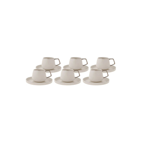 Karaca Streamline 12-Piece Porcelain Espresso Turkish Coffee Cup Set for 6 People, 100ml, White Silver