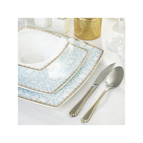 Karaca Fine Pearl Contour 62-Piece Dinner Set for 12 People, Blue Gold White