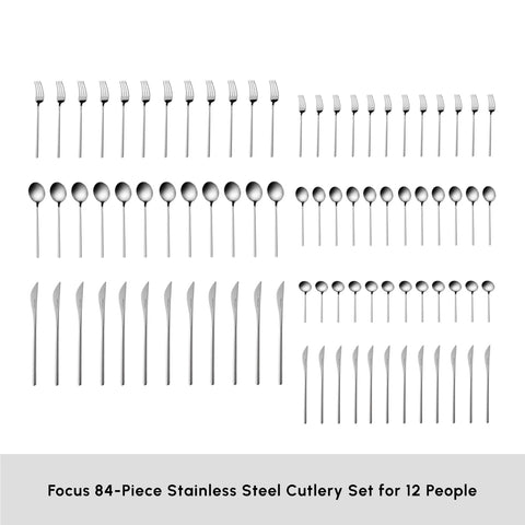 Karaca Focus 84-Piece Stainless Steel Cutlery Set for 12 People, Platinum