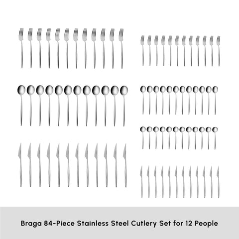 Karaca Braga 84-Piece Stainless Steel Cutlery Set for 12 People, Platin