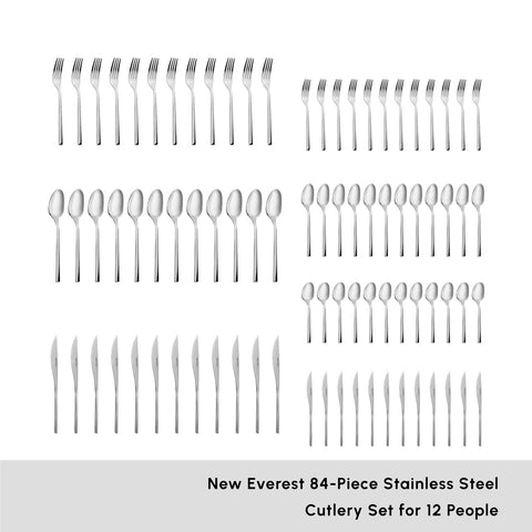 Karaca New Everest 84-Piece Stainless Steel Cutlery Set for 12 People, Silver