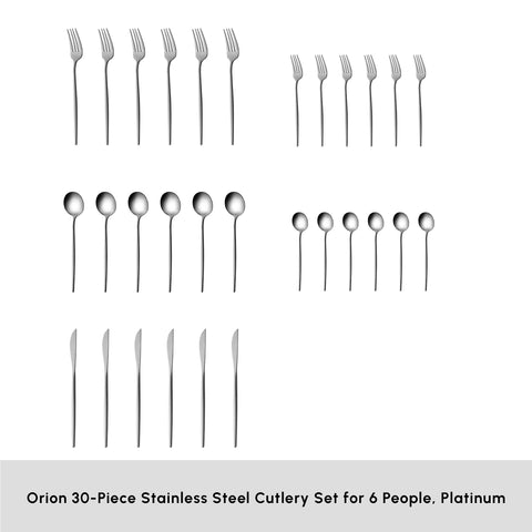 Karaca Orion 30-Piece Stainless Steel Cutlery Set for 6 People, Platinum