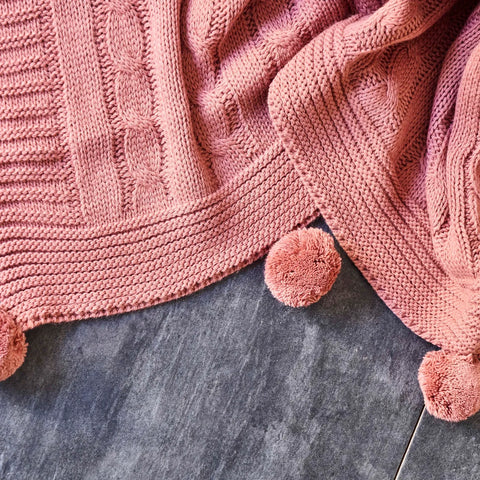 Karaca Home Pompom Cable Knit Throw, 130cmx170cm, Rose