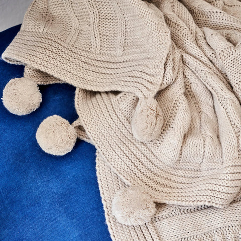 Karaca Home Pompom Cable Knit Throw, 130cmx170cm, Beige