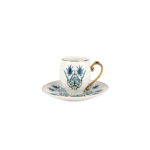 Karaca İznik 4-Piece Porcelain Espresso Turkish Coffee Cup Set for 2 People, 80ml, White Blue