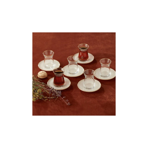 Karaca Retro 12 Piece Glass Turkish Tea Set for 6 People, 132ml, Beige Gold