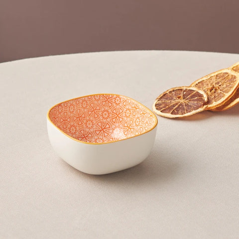 Karaca Floral Porcelain Square Snack Bowl, 10cm, Orange