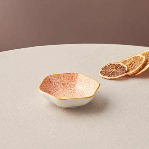 Karaca Floral Porcelain Hexagon Snack Bowl, 10cm, Orange