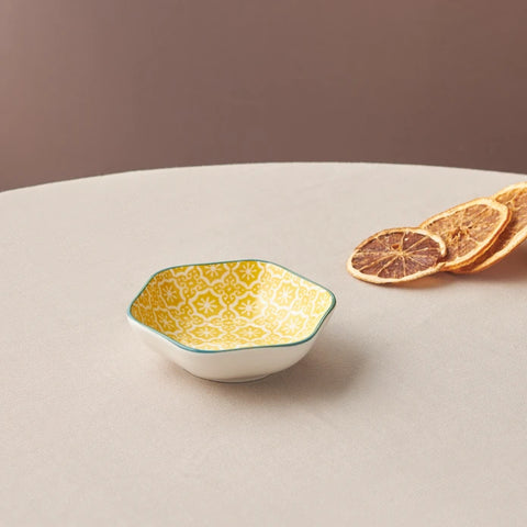 Karaca Floral Porcelain Hexagon Snack Bowl, 10cm, Yellow