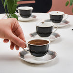 Karaca Piraye 12 Piece Porcelain Espresso Turkish Coffee Cup Set for 6 People, 80ml, Black White Multi