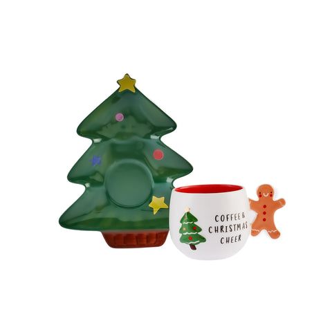 Karaca New Year Christmas 2-Piece Porcelain Tea Cup and Saucer Set, 180ml, White Green