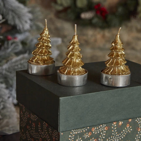 Karaca Home New Year Gold Tree 3-Piece Tealight Candles, Gold