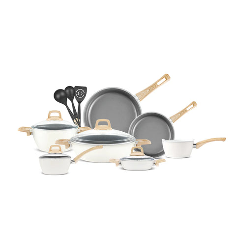 Karaca Swiss Crystal 15 Piece Induction Cookware Set, Creamy