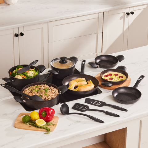 Karaca Blackgold Biogranite 15-Piece Induction Cookware Set, Black Gold