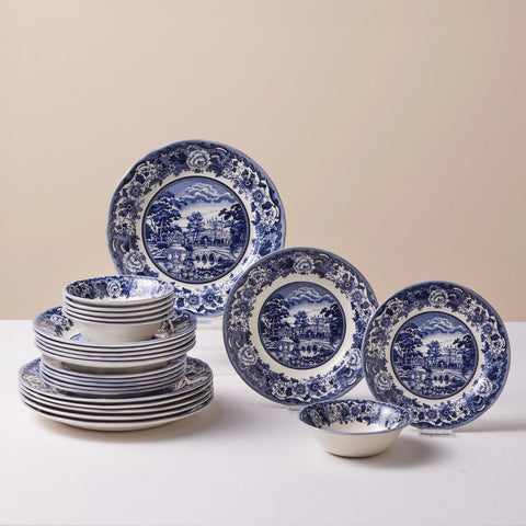 Karaca Forever Bone Old Town 24-Piece Stoneware Dinner Set for 6 People, Blue