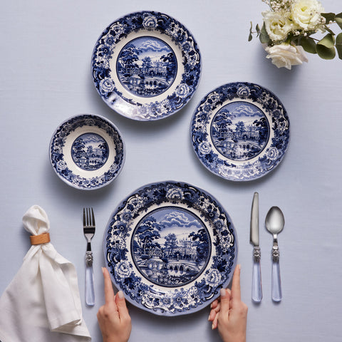 Karaca Forever Bone Old Town 24-Piece Stoneware Dinner Set for 6 People, Blue