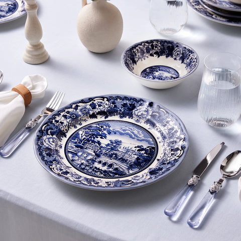 Karaca Forever Bone Old Town 24-Piece Stoneware Dinner Set for 6 People, Blue