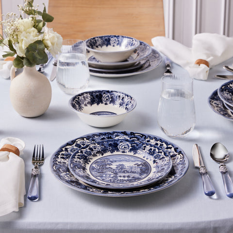 Karaca Forever Bone Old Town 24-Piece Stoneware Dinner Set for 6 People, Blue