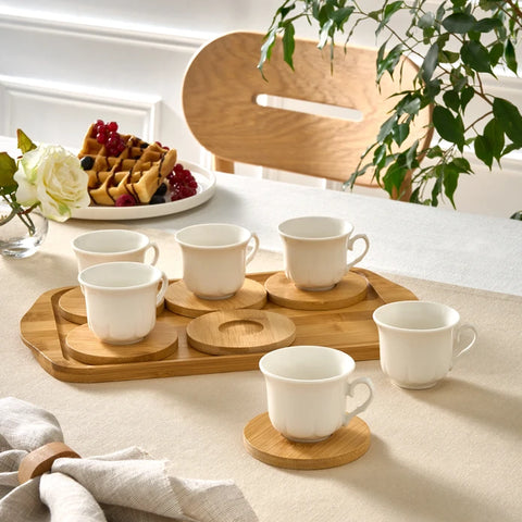 Karaca Bamboo Tray Bone China Coffee Cup Set for 6 People, 90ml, White