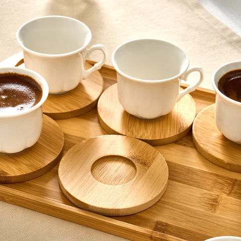 Karaca Bamboo Tray Bone China Coffee Cup Set for 6 People, 90ml, White