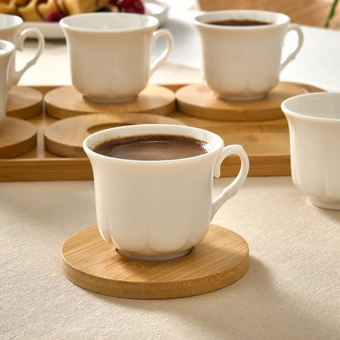 Karaca Bamboo Tray Bone China Coffee Cup Set for 6 People, 90ml, White