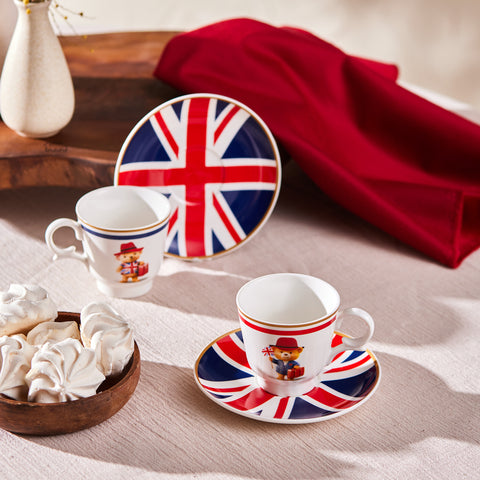 Karaca London 4-Piece Bone China Turkish Coffee Cup Set for 2 People, 80ml, Multi