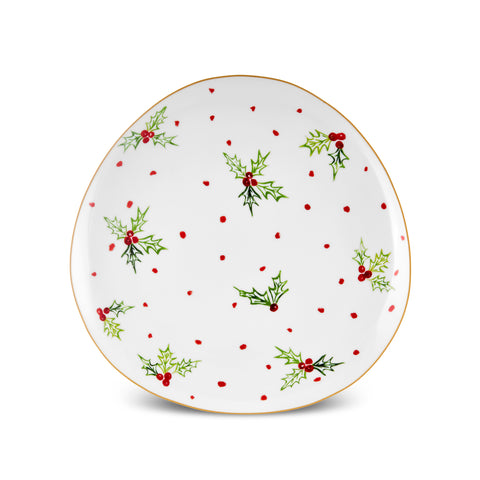 Karaca New Year Christmas Butcher's Broom Red Dot Side Plate, 20,5cm, Multi