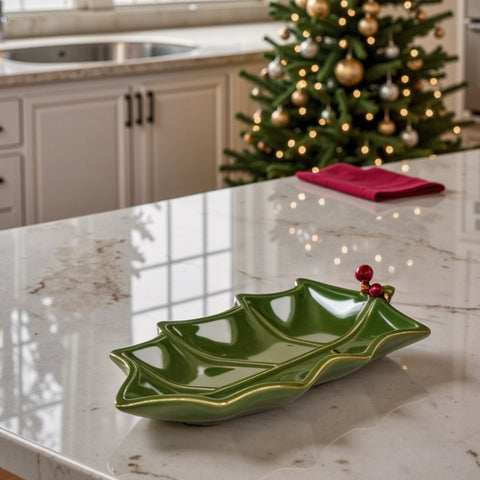 Karaca New Year Christmas Butcher's Broom Boat-Shaped Plate, 22cm, Green