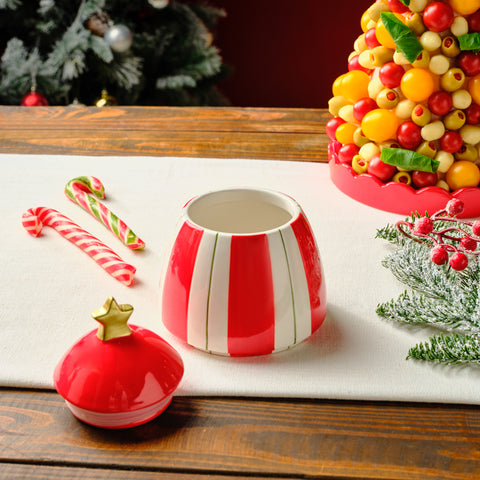 Karaca New Year Christmas Candy Stripe Storage Container, 14cm, Red