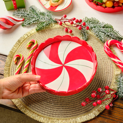 Karaca New Year Christmas Candy Stripe Cake Plate, 20,5cm, Red