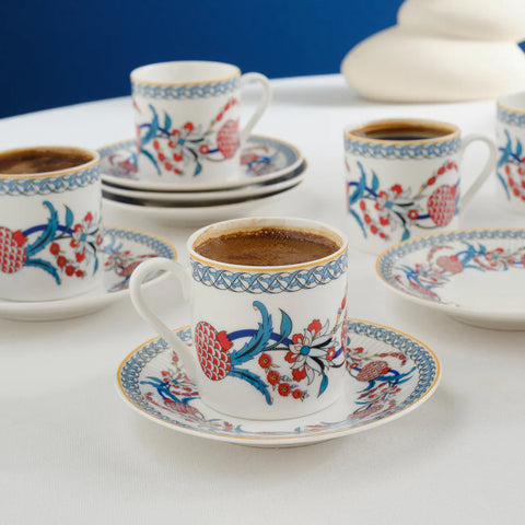 Karaca Hatay 12-Piece Bone China Turkish Coffee Cup Set for 6 People, 80ml, Multi