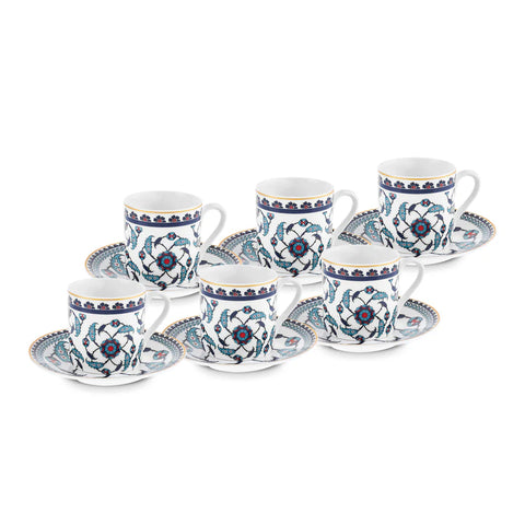 Karaca Rumi 12-Piece Bone China Turkish Coffee Cup Set for 6 People, 80ml, Multi