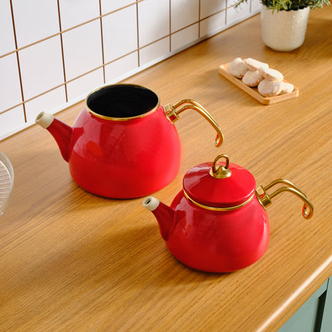 Karaca Retro Enamel Induction Teapot Set, Red