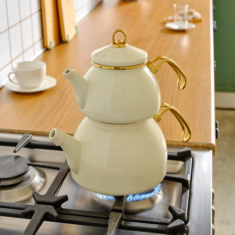 Karaca Retro Enamel Induction Teapot Set, Cream