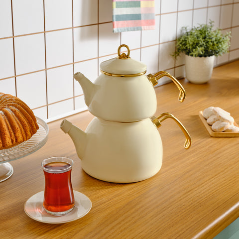 Karaca Retro Enamel Induction Teapot Set, Cream