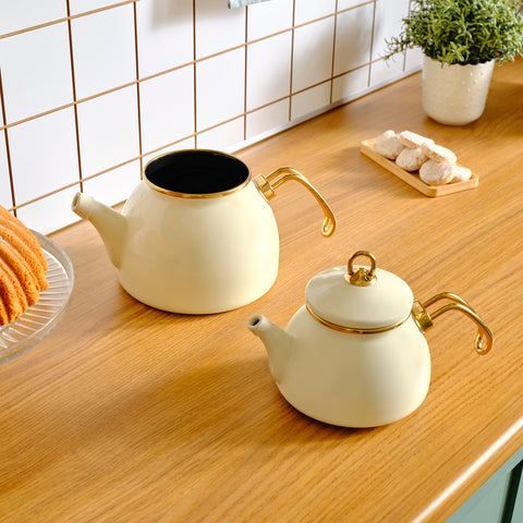 Karaca Retro Enamel Induction Teapot Set, Cream