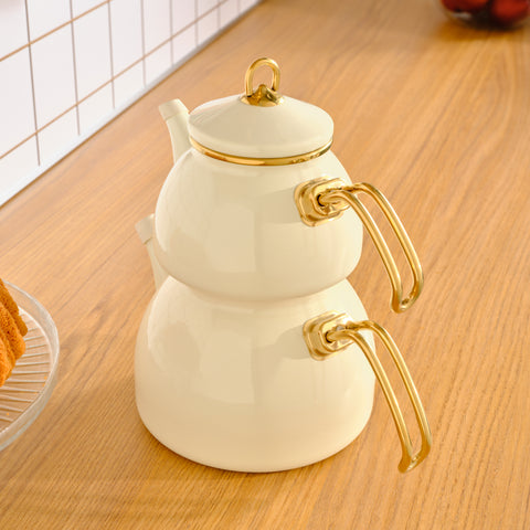 Karaca Retro Enamel Induction Teapot Set, Cream