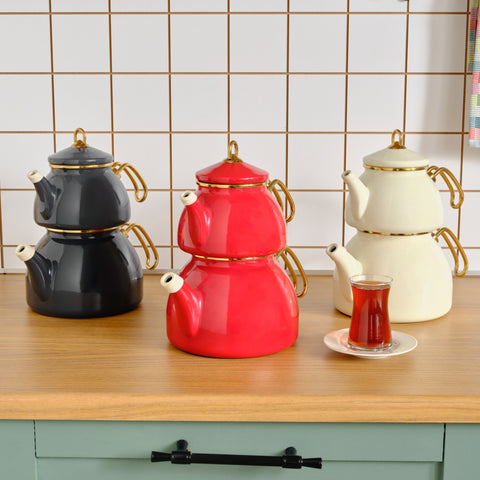 Karaca Retro Enamel Induction Teapot Set, Cream