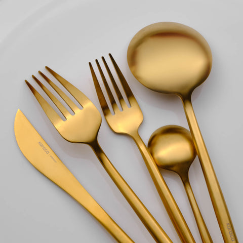 Karaca Jupiter 60-Piece Stainless Steel Cutlery Set for 12 People, Matte Gold