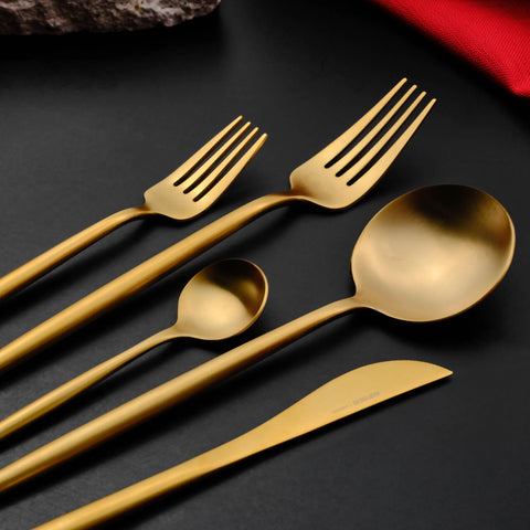 Karaca Jupiter 60-Piece Stainless Steel Cutlery Set for 12 People, Matte Gold