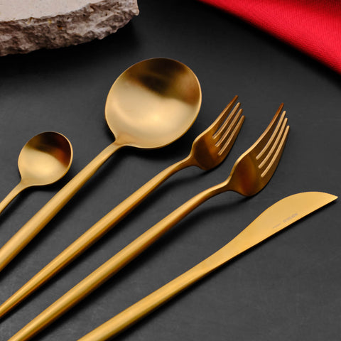 Karaca Jupiter 60-Piece Stainless Steel Cutlery Set for 12 People, Matte Gold