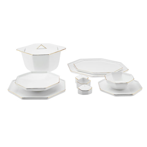 Karaca Fine Pearl Extra Eight Corner 62-Piece Dinner Set for 12 People, White Gold